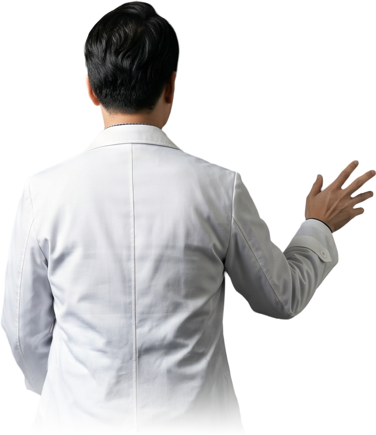 흰 가운을 입은 전문의가 어두운 방을 바라보고 있다