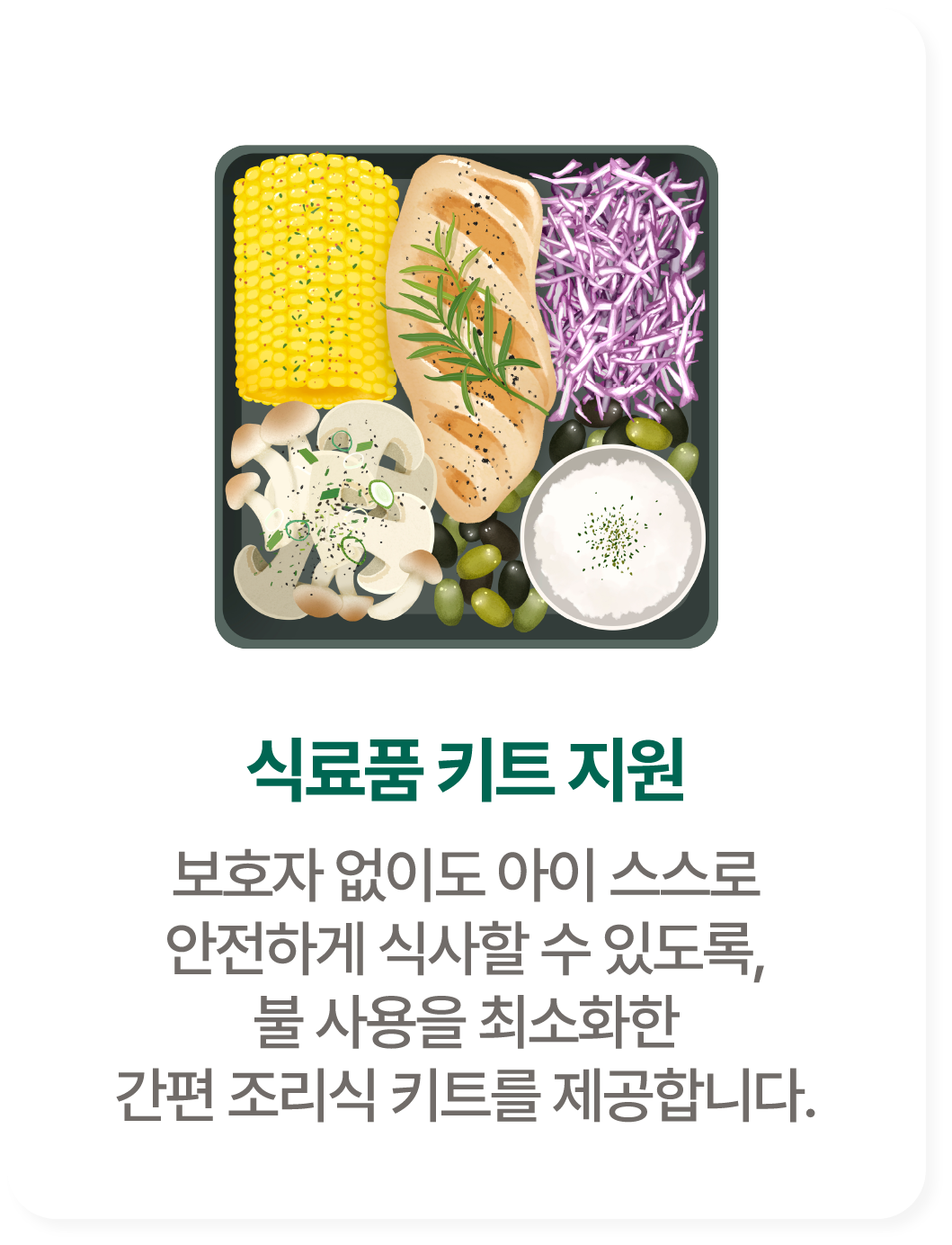 식료품 키트 지원. 보호자 없이도 아이 스스로 안전하게 식사할 수 있도록, 불 사용을 최소화한 간편 조리식 키트를 제공합니다.